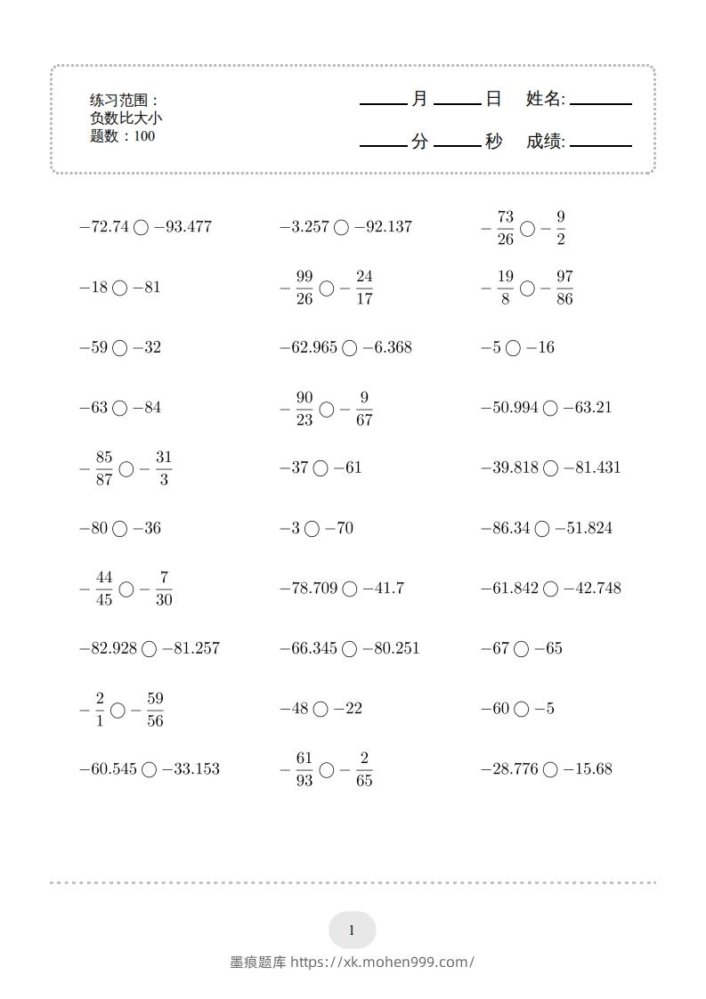 六年级数学下册口算题(负数比大小)1000题(人教版)-墨痕题库