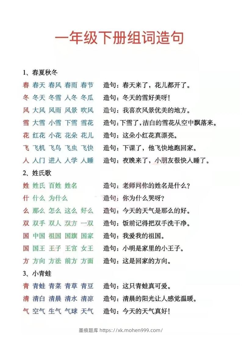 一年级下册生字组词造句阅读本_去水印-墨痕题库
