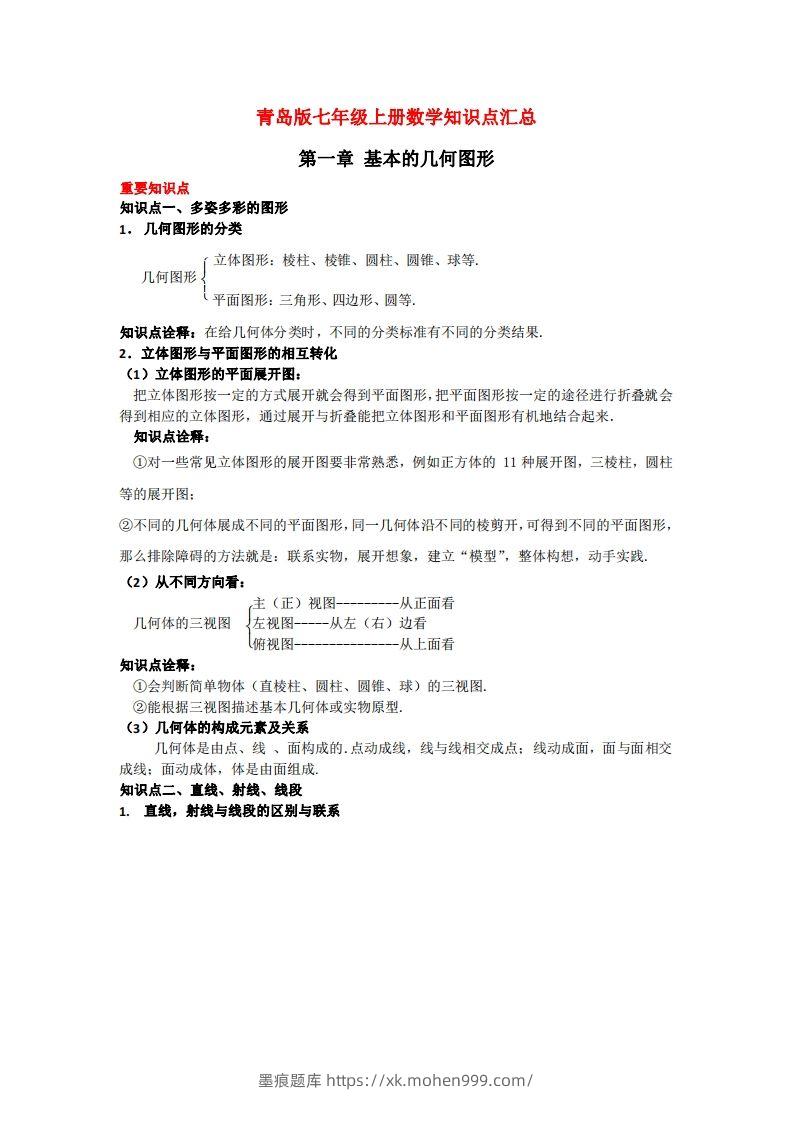 图片[1]-青岛版七年级上册数学知识点汇总-墨痕题库
