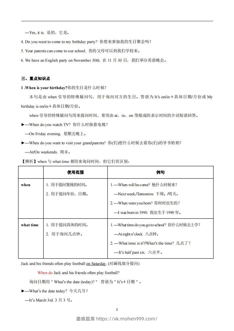 图片[2]-人教版英语七年级上Unit8Whenisyourbirthday？知识点_-墨痕题库