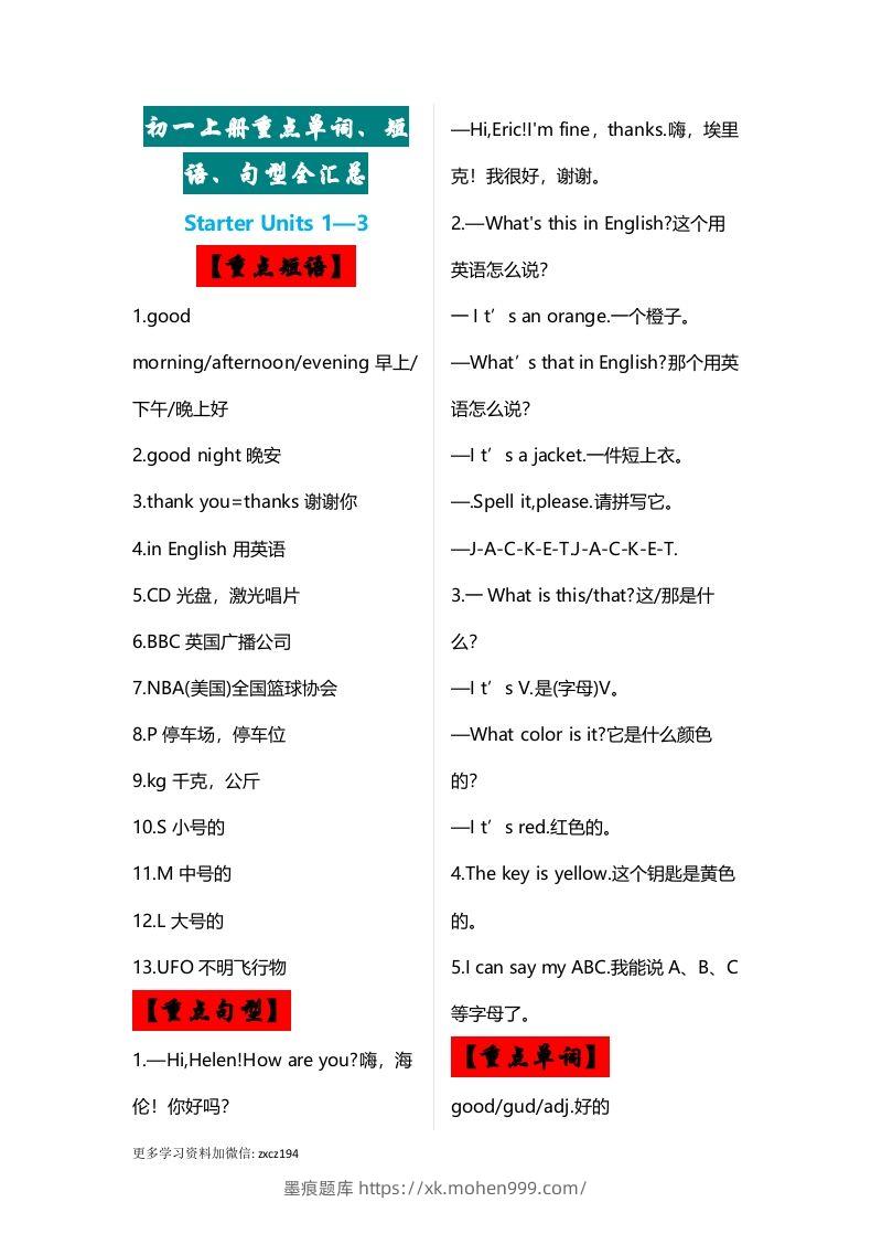 图片[1]-七年级上册：英语重点单词、短语、句型全汇总-墨痕题库