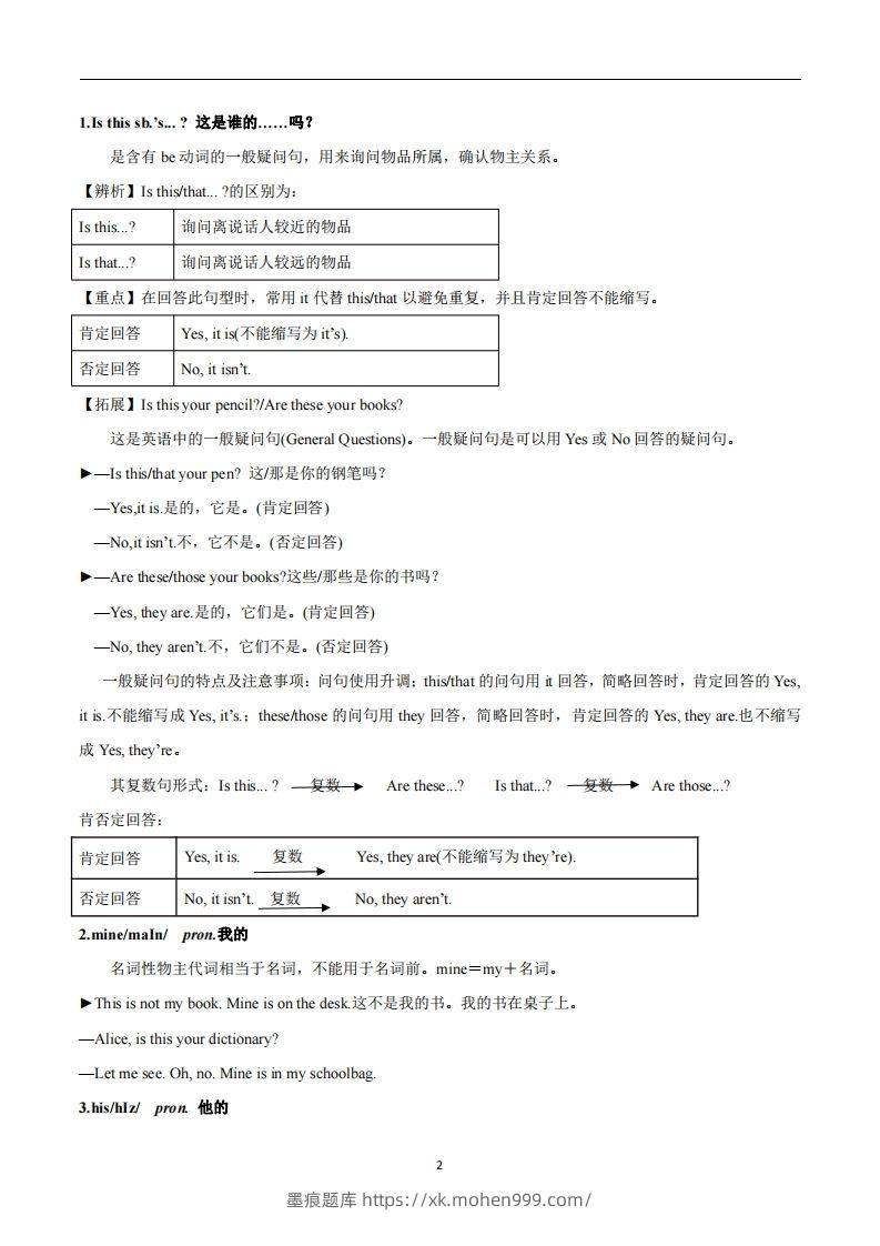 图片[2]-人教版英语七年级上Unit3Isthisyourpencil？知识点_-墨痕题库