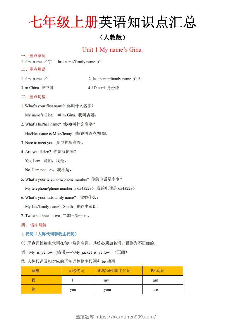 图片[1]-人教版七年级上册英语知识点汇总（一册全）-墨痕题库