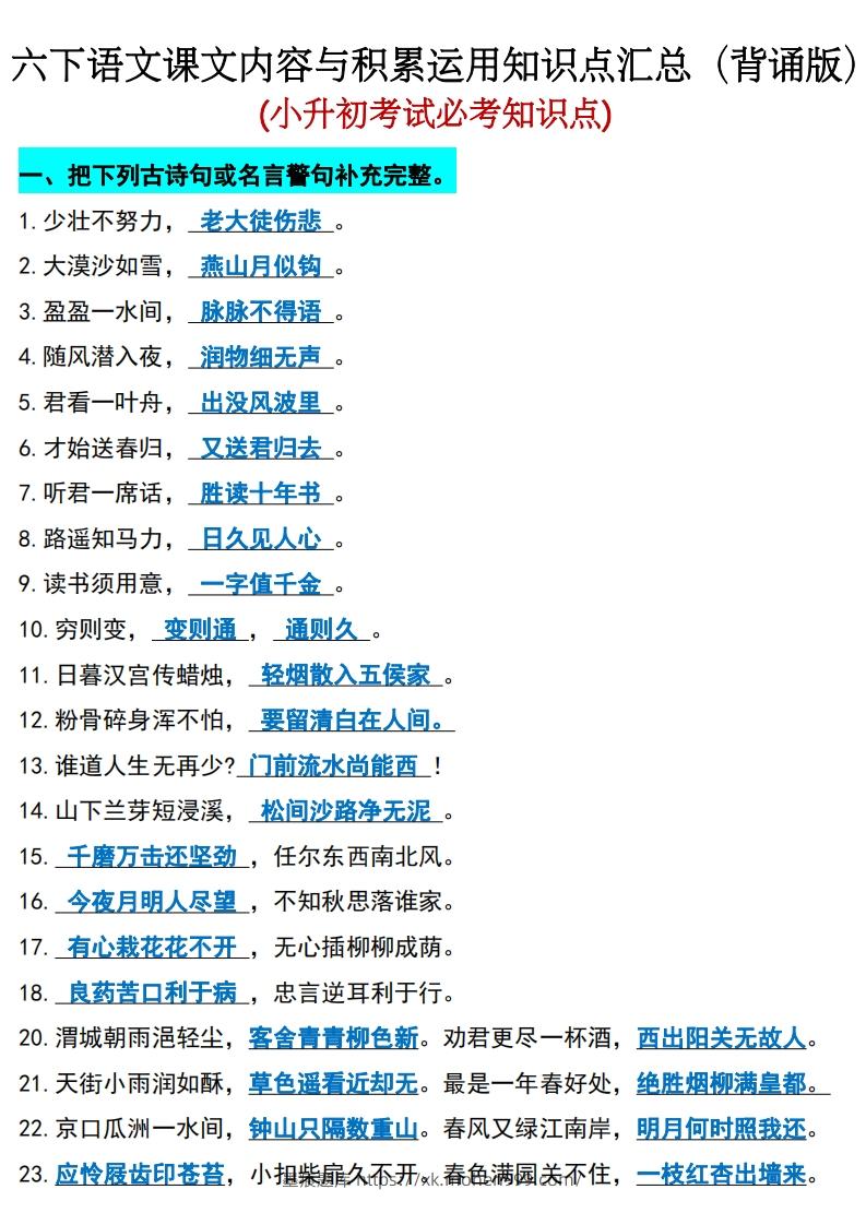 图片[1]-六年级下册语文(小升初)期末必考知识点-墨痕题库
