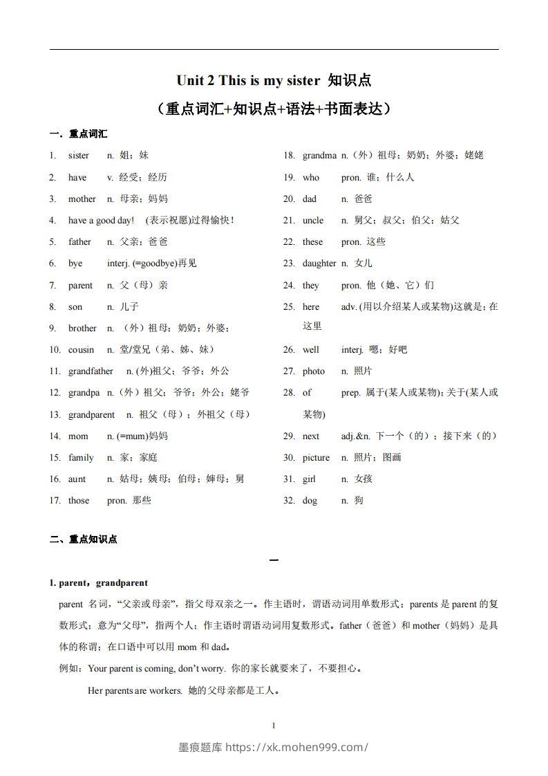 人教版英语七年级上Unit2Thisismysister.知识点_-墨痕题库