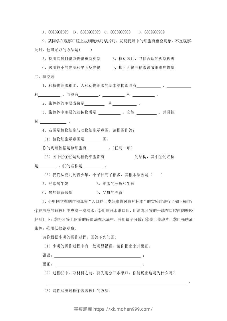 图片[2]-七年级上册生物第二单元第一章第三节试卷及答案(Word版)-墨痕题库
