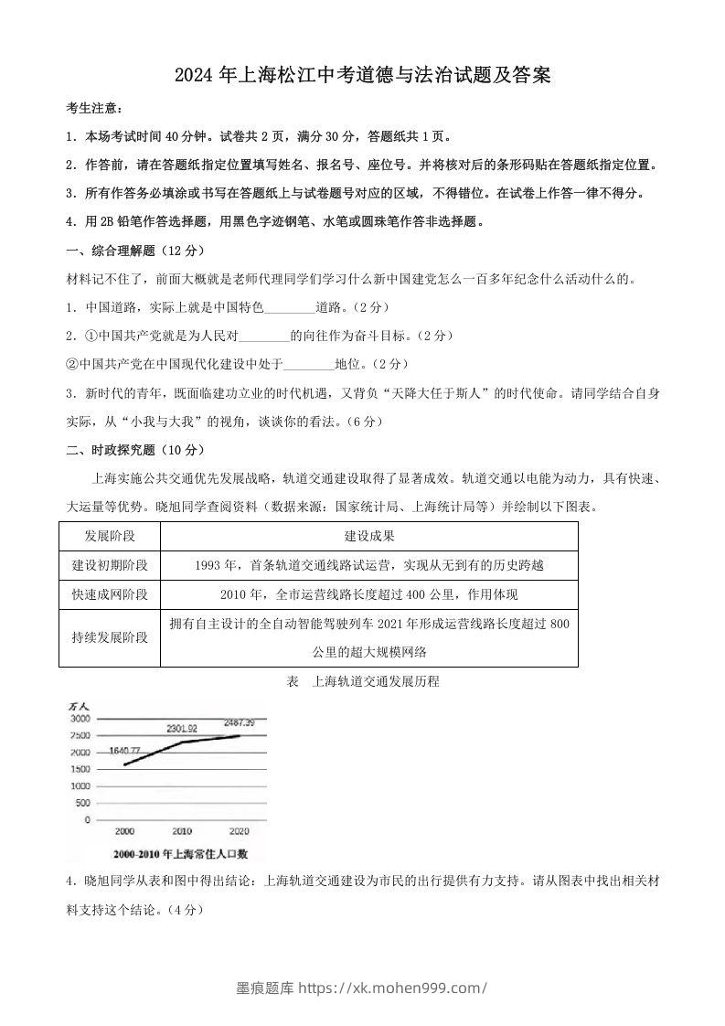 图片[1]-2024年上海松江中考道德与法治试题及答案(Word版)-墨痕题库