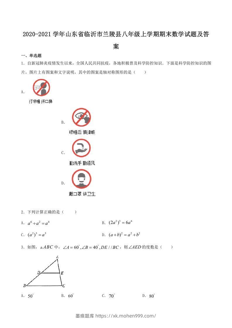 2020-2021学年山东省临沂市兰陵县八年级上学期期末数学试题及答案(Word版)-墨痕题库