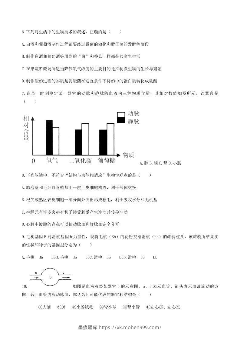 图片[2]-2020-2021学年湖南省常德市澧县八年级下学期期末生物试题及答案(Word版)-墨痕题库