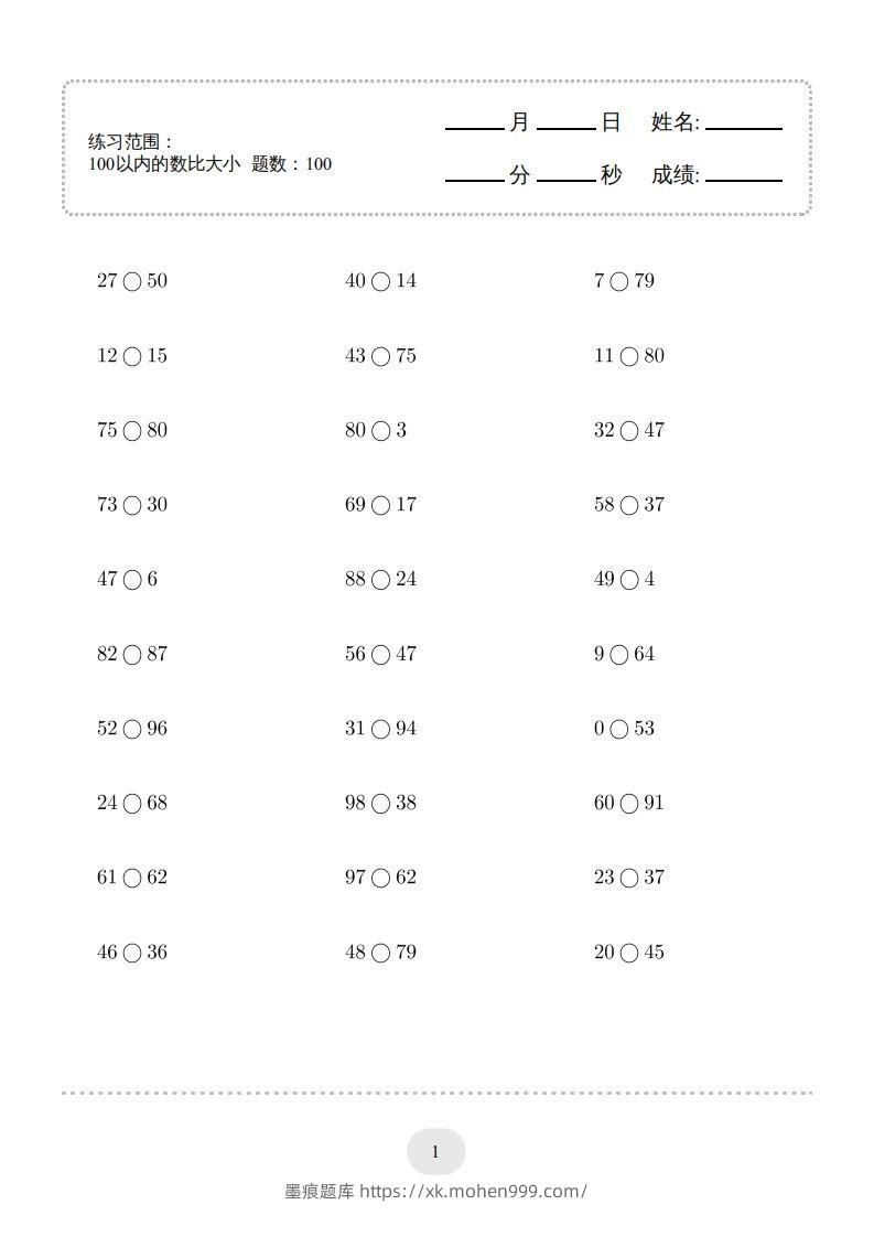 一年级数学下册(100以内的数比大小)1000题(人教版)-墨痕题库