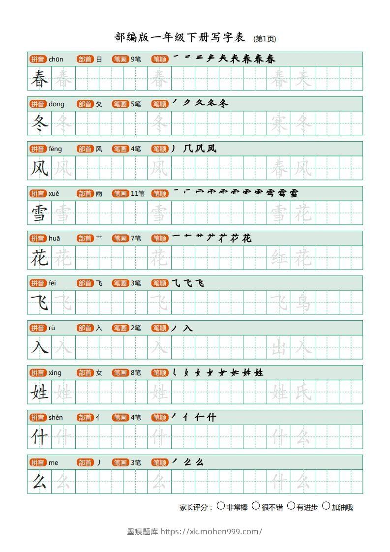 一年级语文下册写字表(笔顺)(20页)PDF(部编版)-墨痕题库