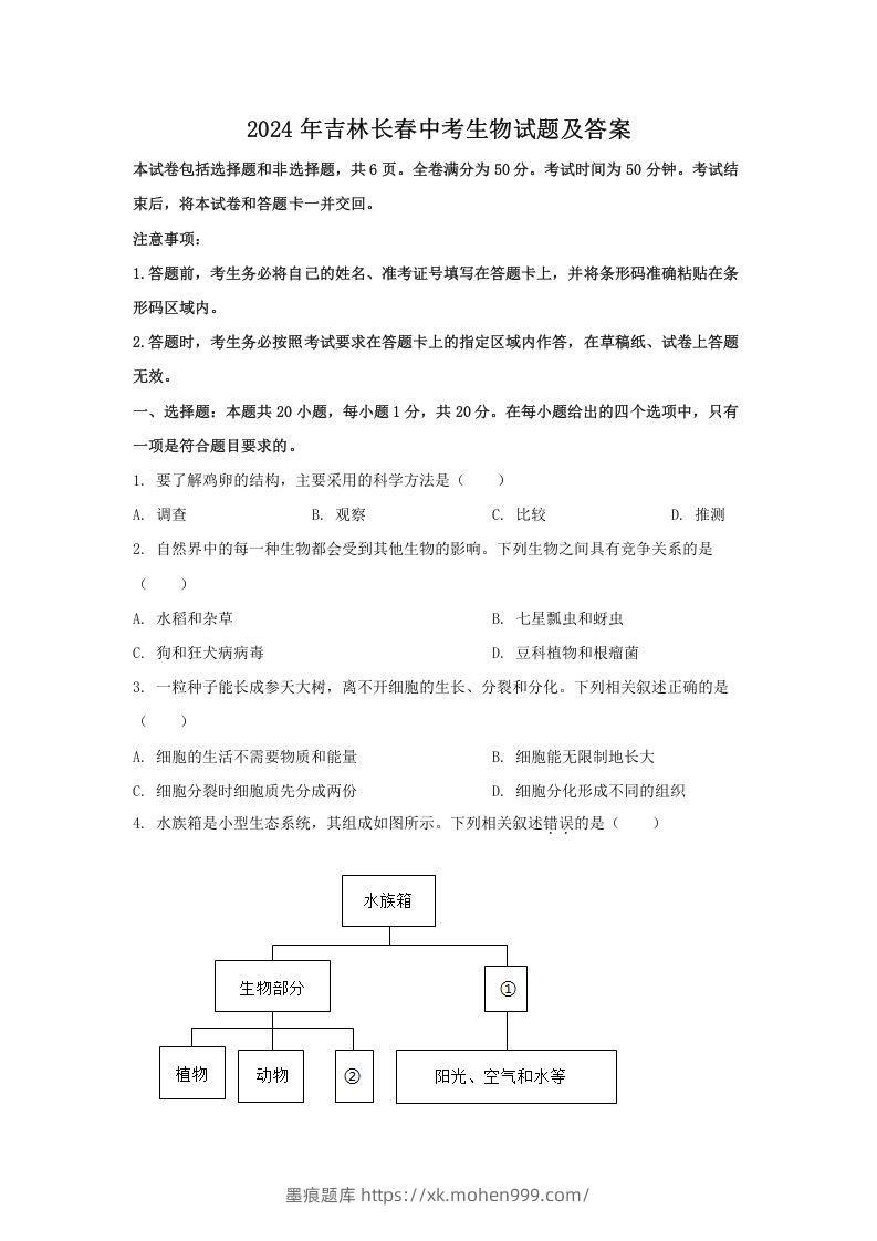 图片[1]-2024年吉林长春中考生物试题及答案(Word版)-墨痕题库