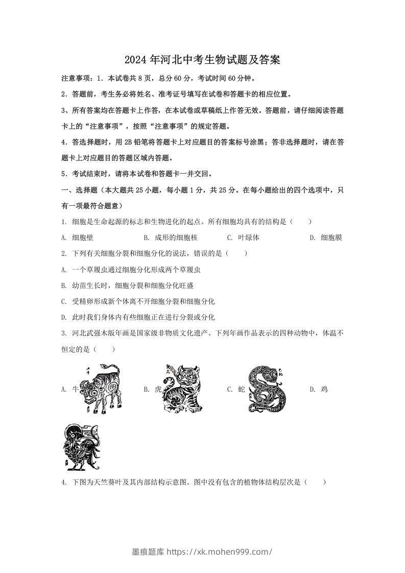 图片[1]-2024年河北中考生物试题及答案(Word版)-墨痕题库