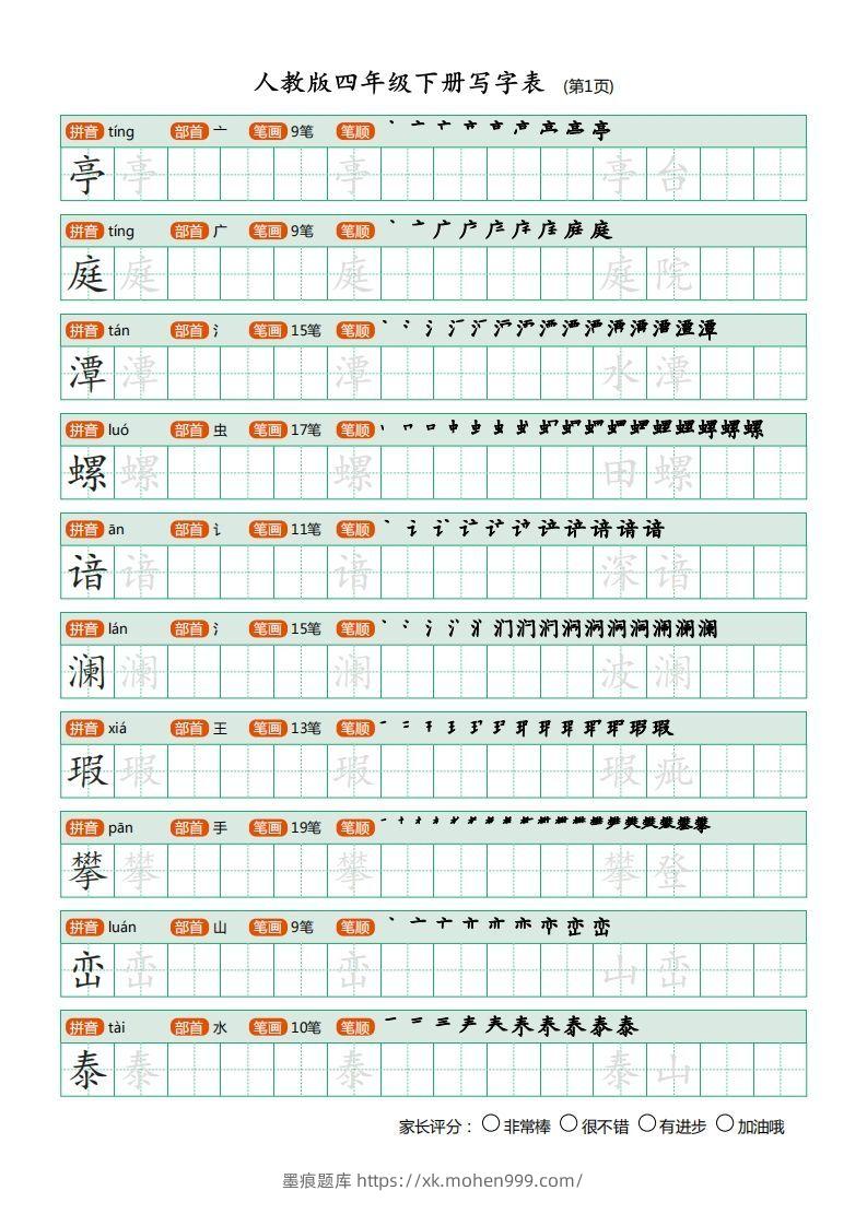 图片[1]-四年级语文下册写字表（20页）PDF（部编版）-墨痕题库