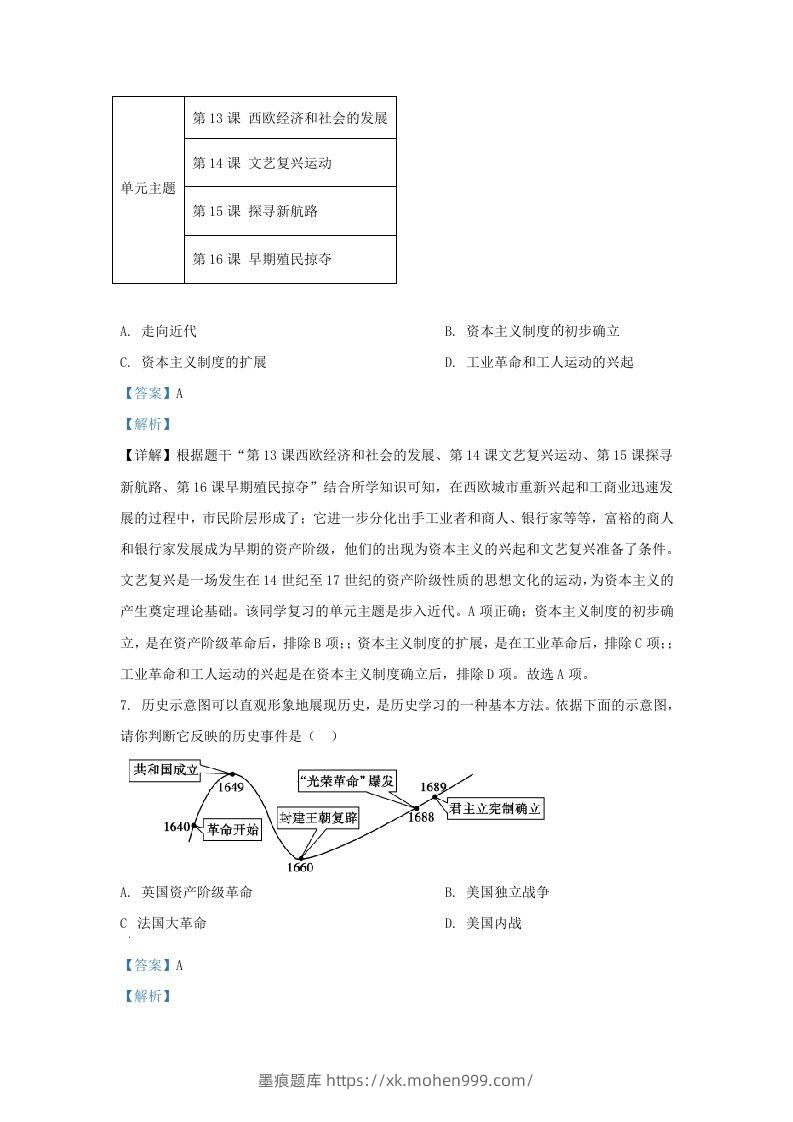 图片[3]-2021-2022学年山东省济南市高新区九年级上学期历史期末试题及答案(Word版)-墨痕题库