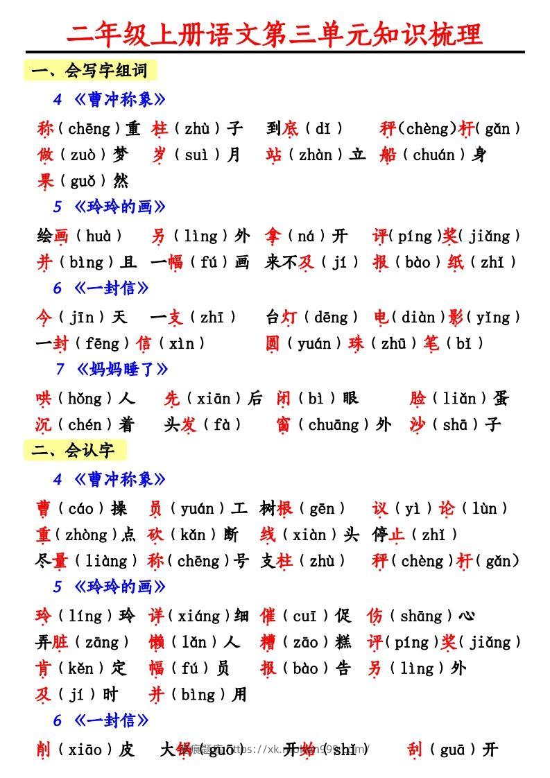图片[1]-【第三单元知识梳理】二上语文-墨痕题库