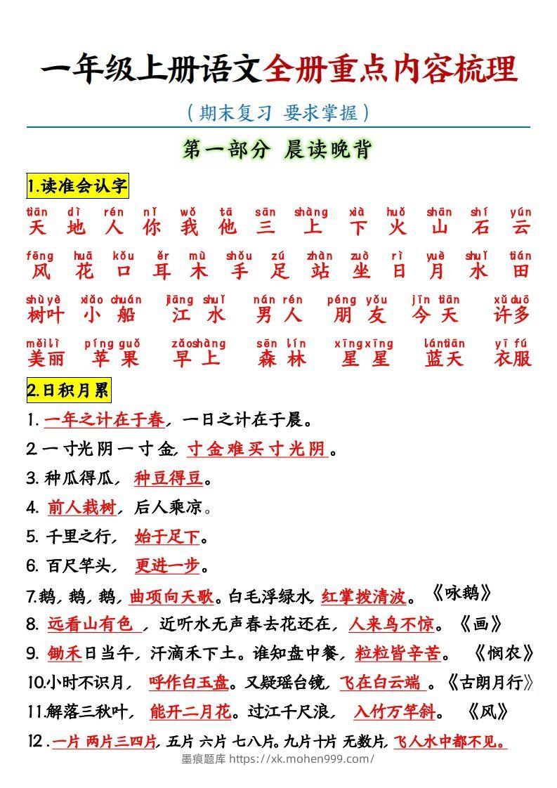 【全册重点知识点汇总】一上语文-墨痕题库