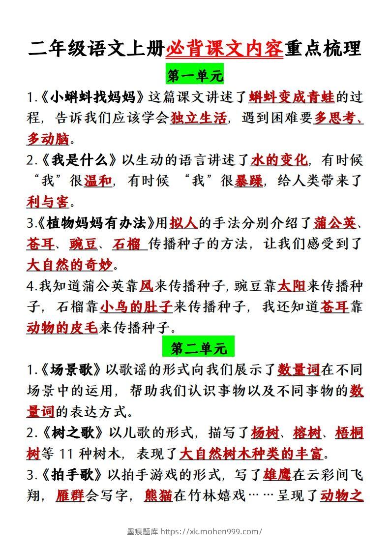 图片[1]-【单元必背课文内容重点梳理】二上语文-墨痕题库