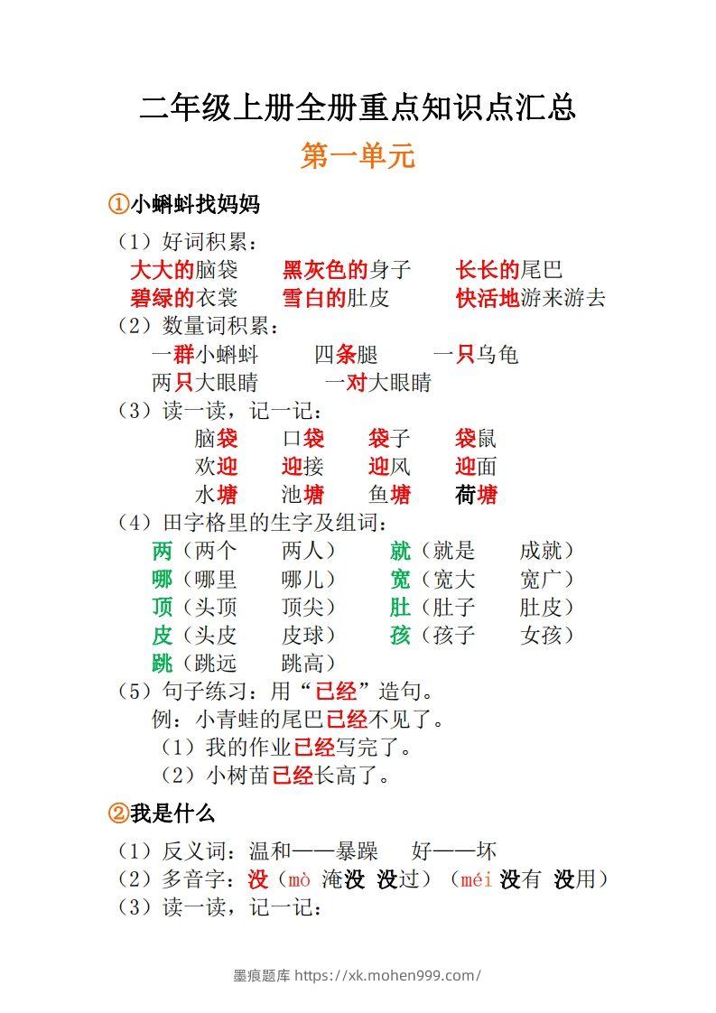 图片[1]-二年级上册语文全册每课重点知识点汇总()-墨痕题库