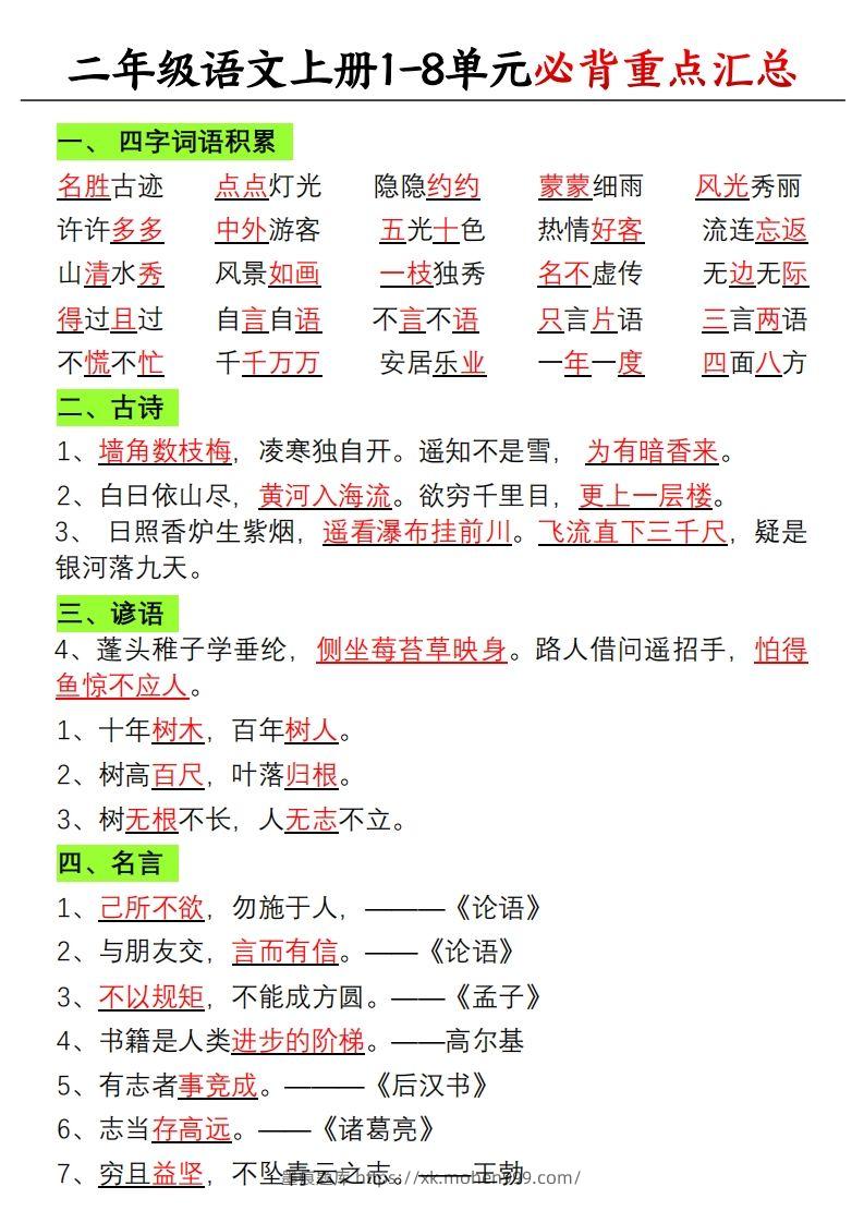 图片[1]-【单元必备重点知识汇总】二上语文-墨痕题库