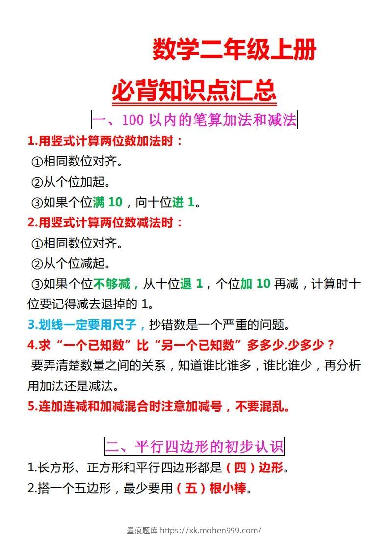 图片[1]-【苏教版】二上数学重点知识点汇总预习-墨痕题库