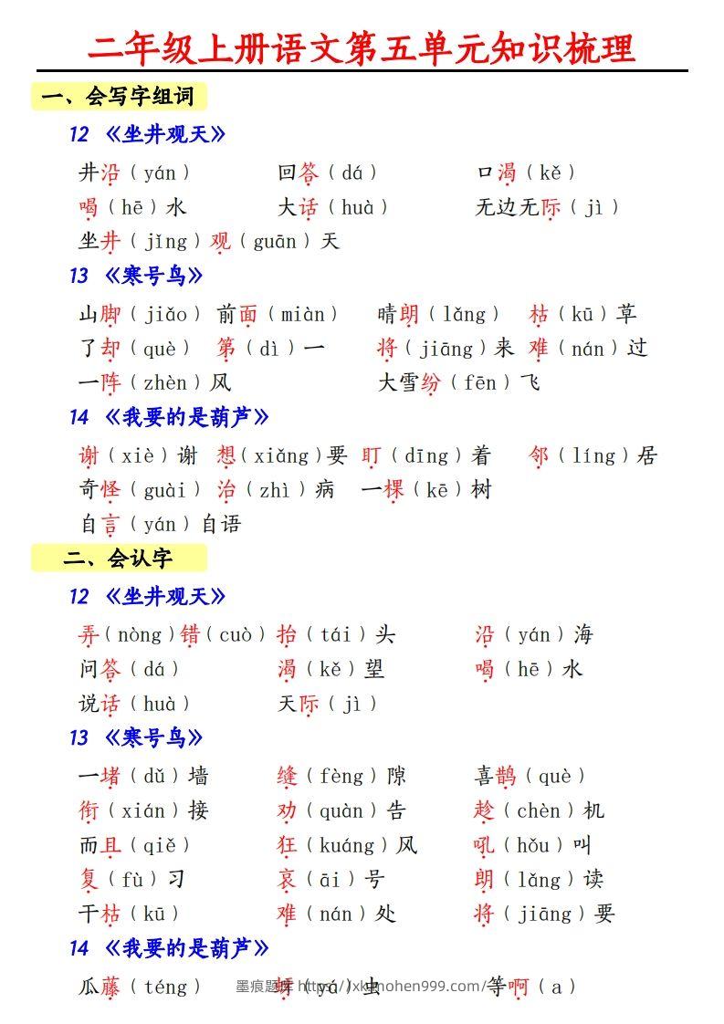 【第五单元知识梳理】二上语文-墨痕题库