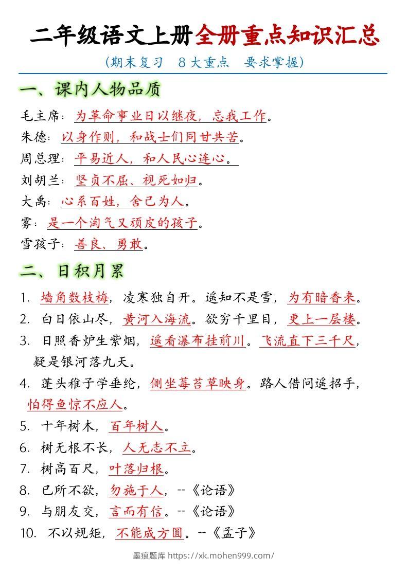 图片[1]-【全册重点考点归纳】二上语文-墨痕题库